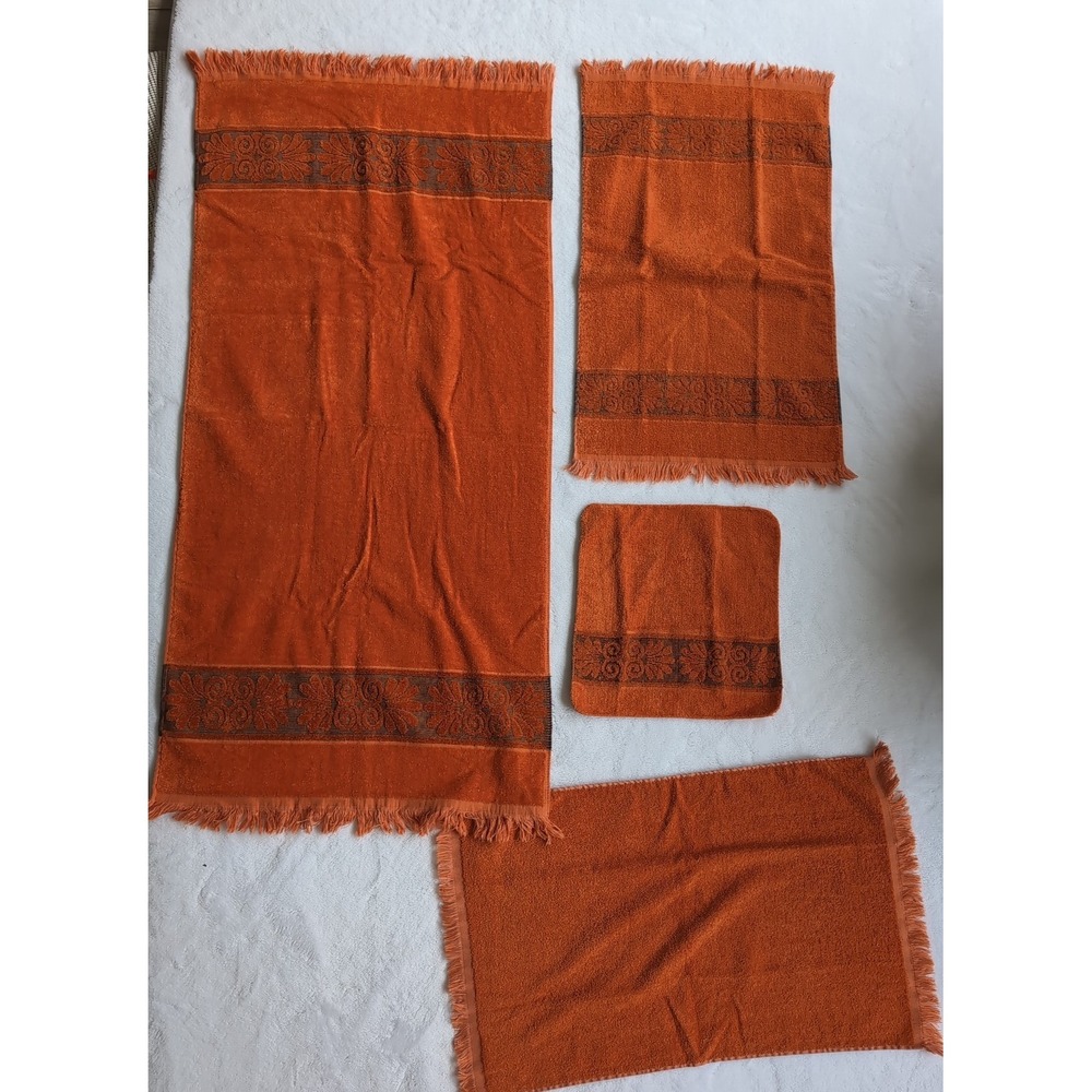 Vintage Cannon Monticello Towel Set Burnt Orange MCM 70s Sculpted Floral Fringe